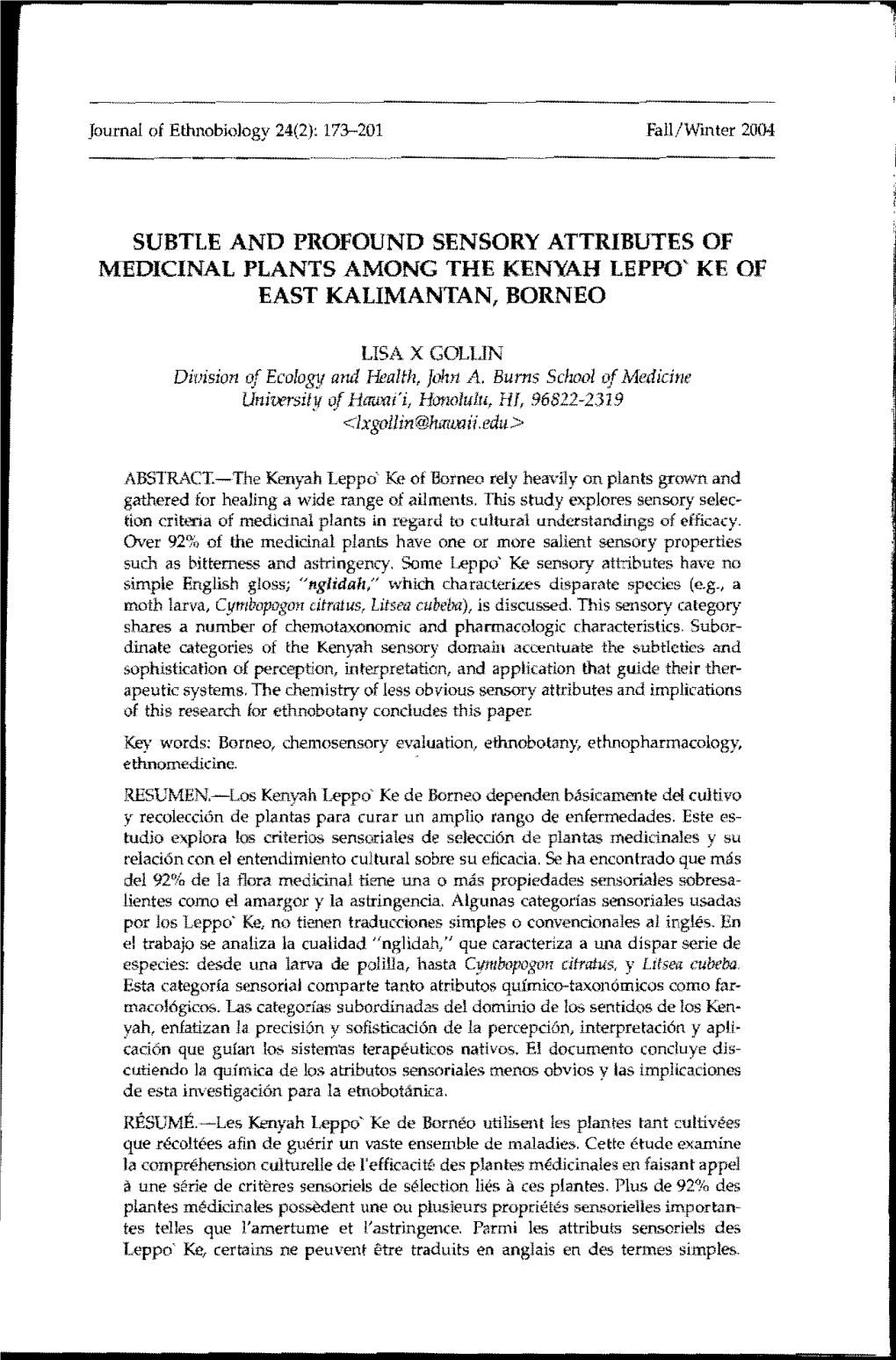 Subtle and Profound Sensory Attributes of Medicinal Plants Among the Kenyah Leppo' Ke of East Kalimantan, Borneo