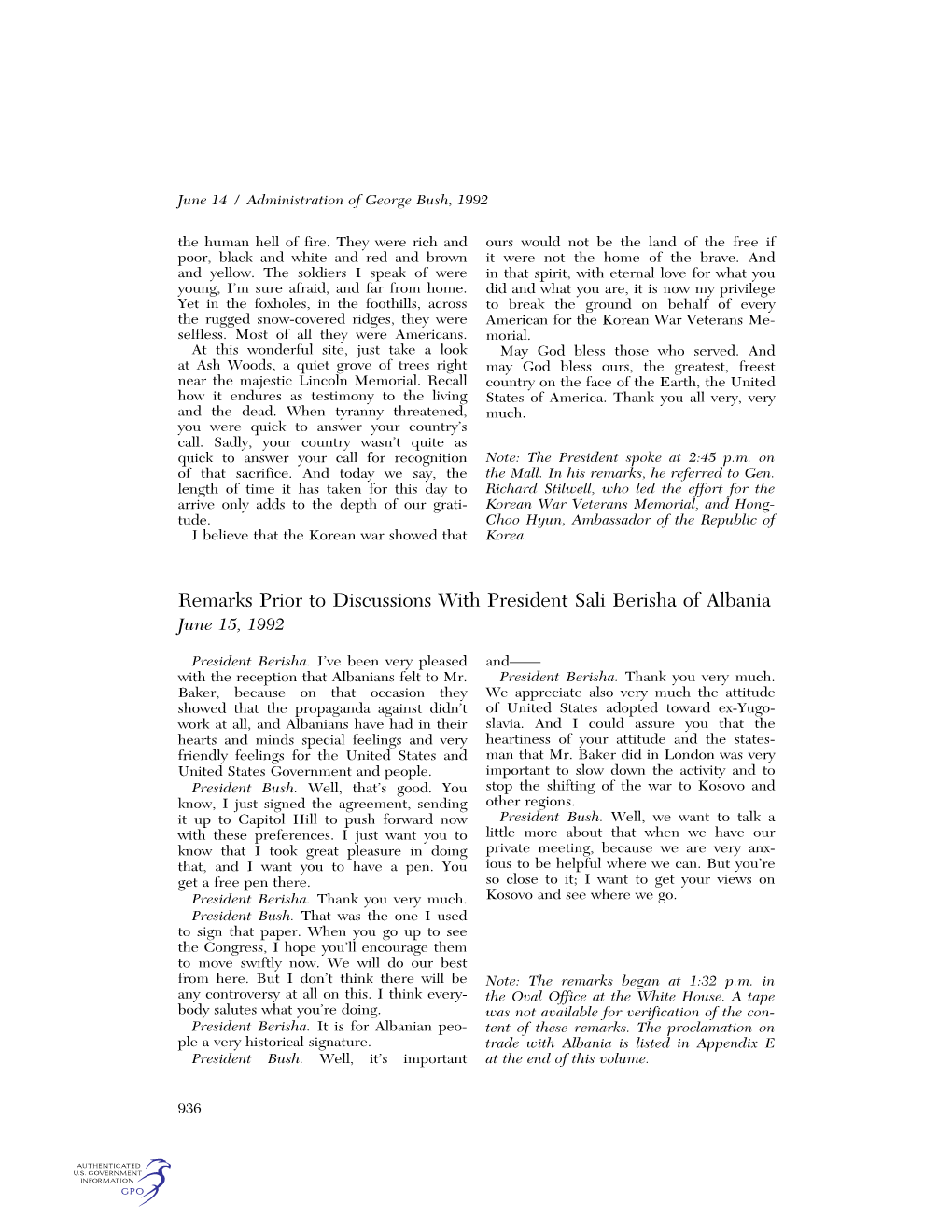 Remarks Prior to Discussions with President Sali Berisha of Albania June 15, 1992