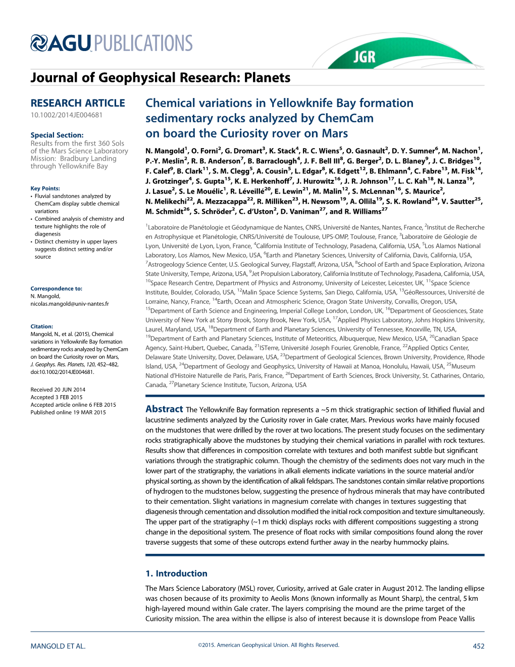 Chemical Variations in Yellowknife Bay Formation Sedimentary Rocks