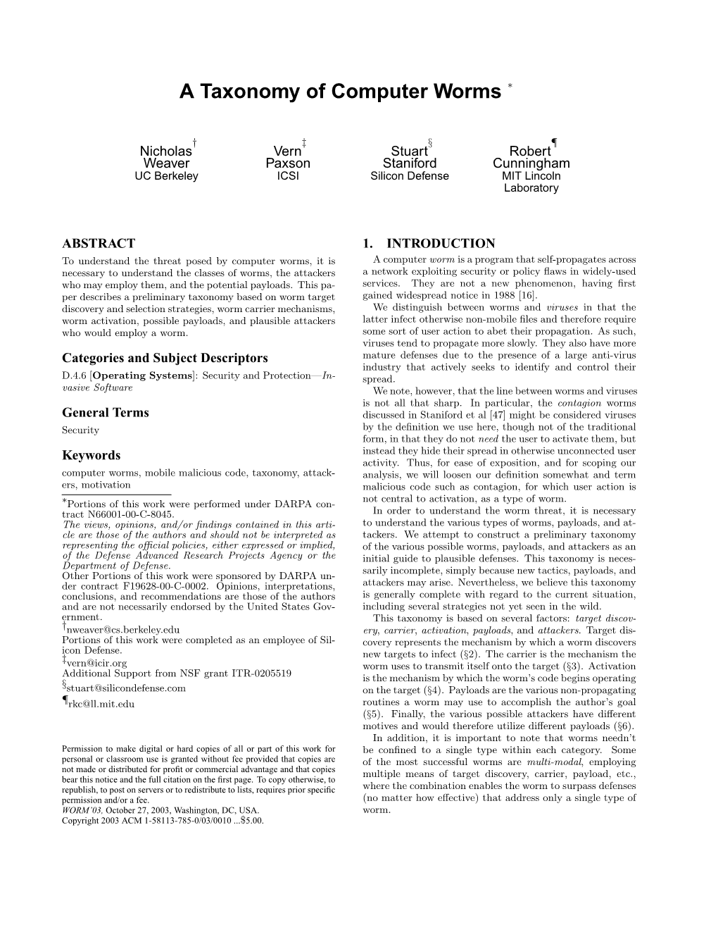 A Taxonomy of Computer Worms ∗