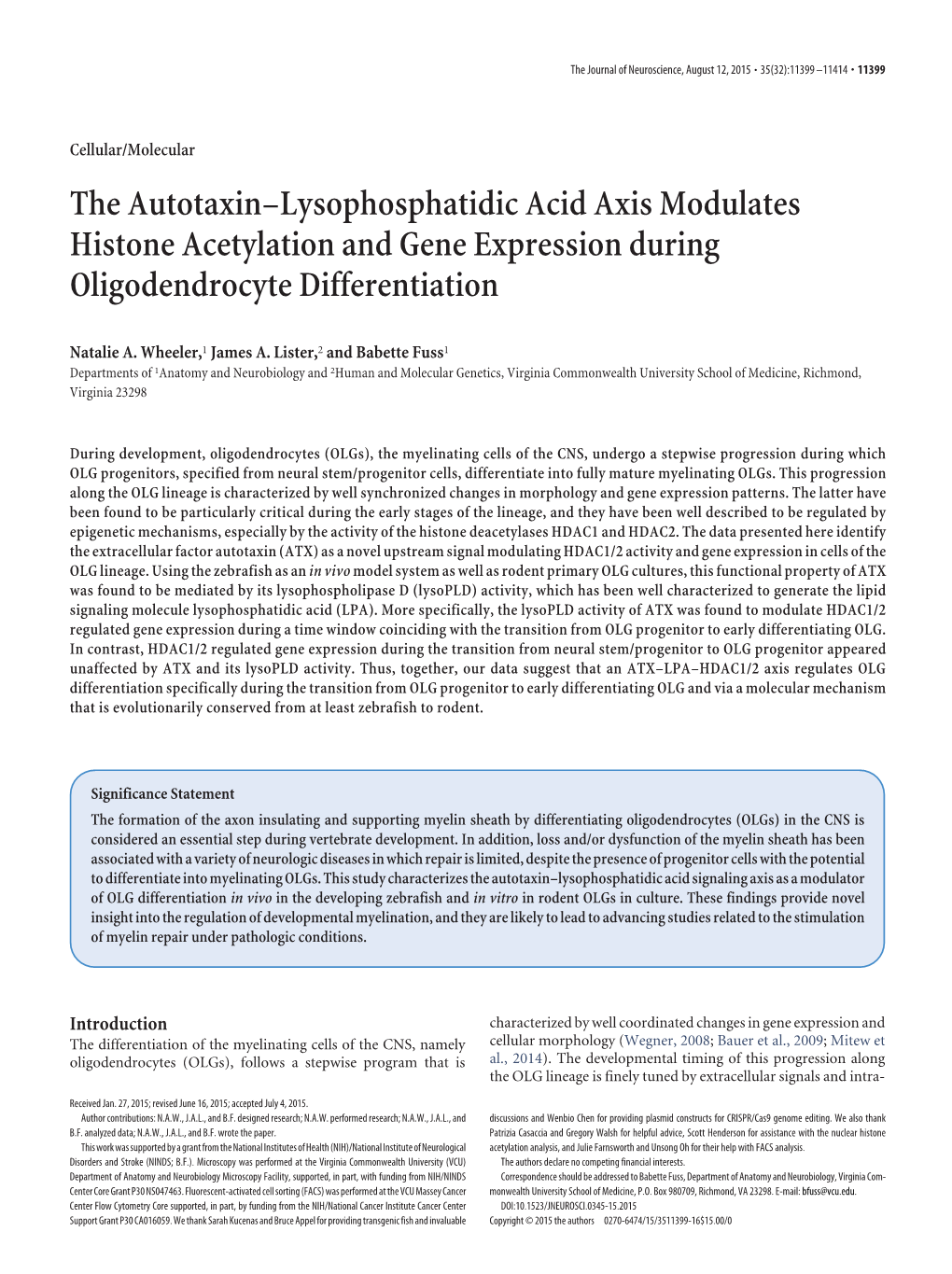 The Autotaxin–Lysophosphatidic Acid Axis Modulates Histone Acetylation and Gene Expression During Oligodendrocyte Differentiation