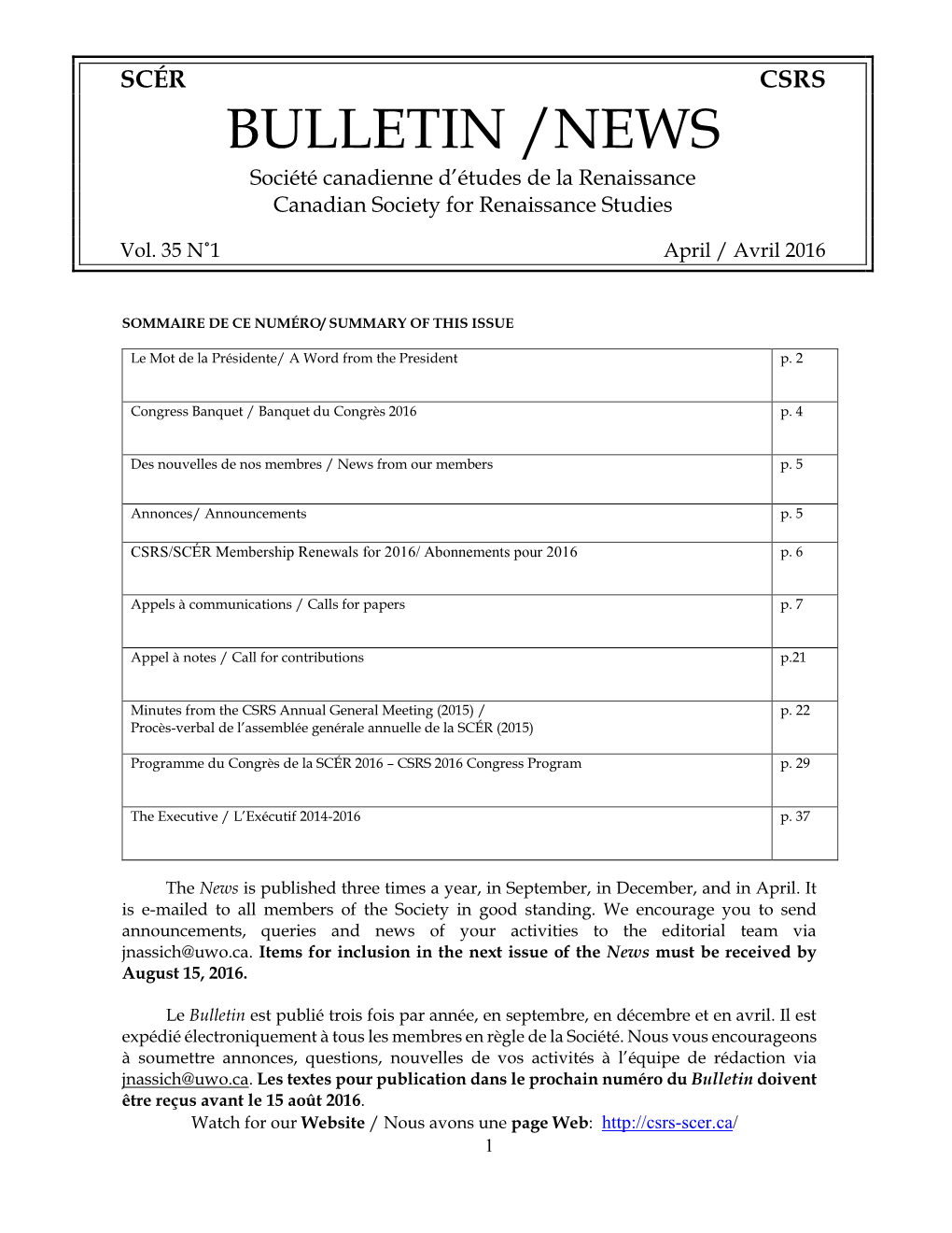 BULLETIN /NEWS Société Canadienne D’Études De La Renaissance Canadian Society for Renaissance Studies