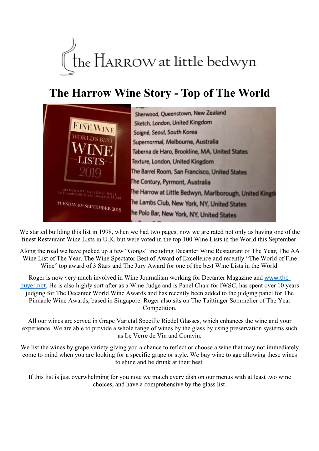 The Harrow Wine Story - Top of the World