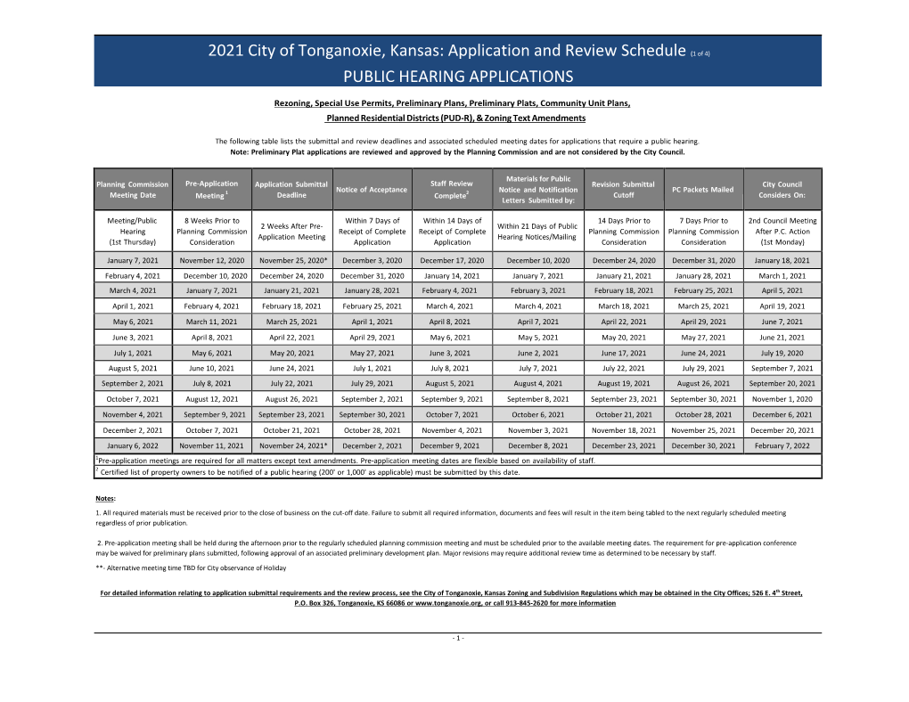 2021 City of Tonganoxie, Kansas: Application and Review Schedule (1 of 4) PUBLIC HEARING APPLICATIONS