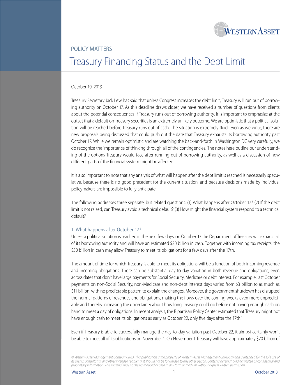 Treasury Financing Status and the Debt Limit