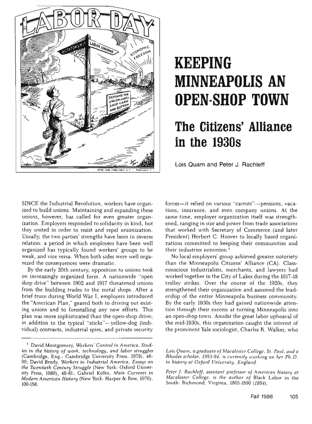 KEEPING MINNEAPOLIS an OPEN SHOP TOWN the Citizens' Alliance in the 1930S