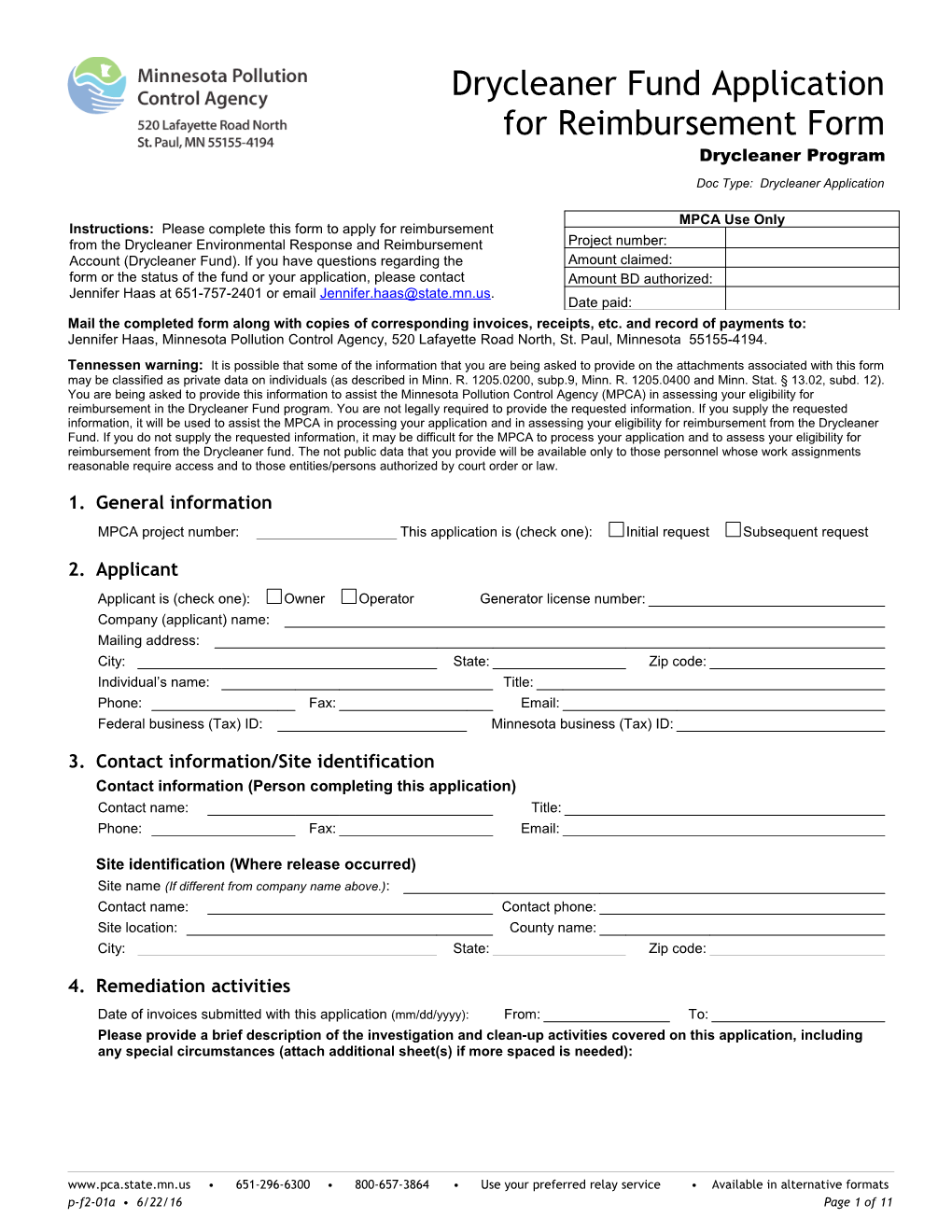 Drycleaner Application for Reimbursement Form