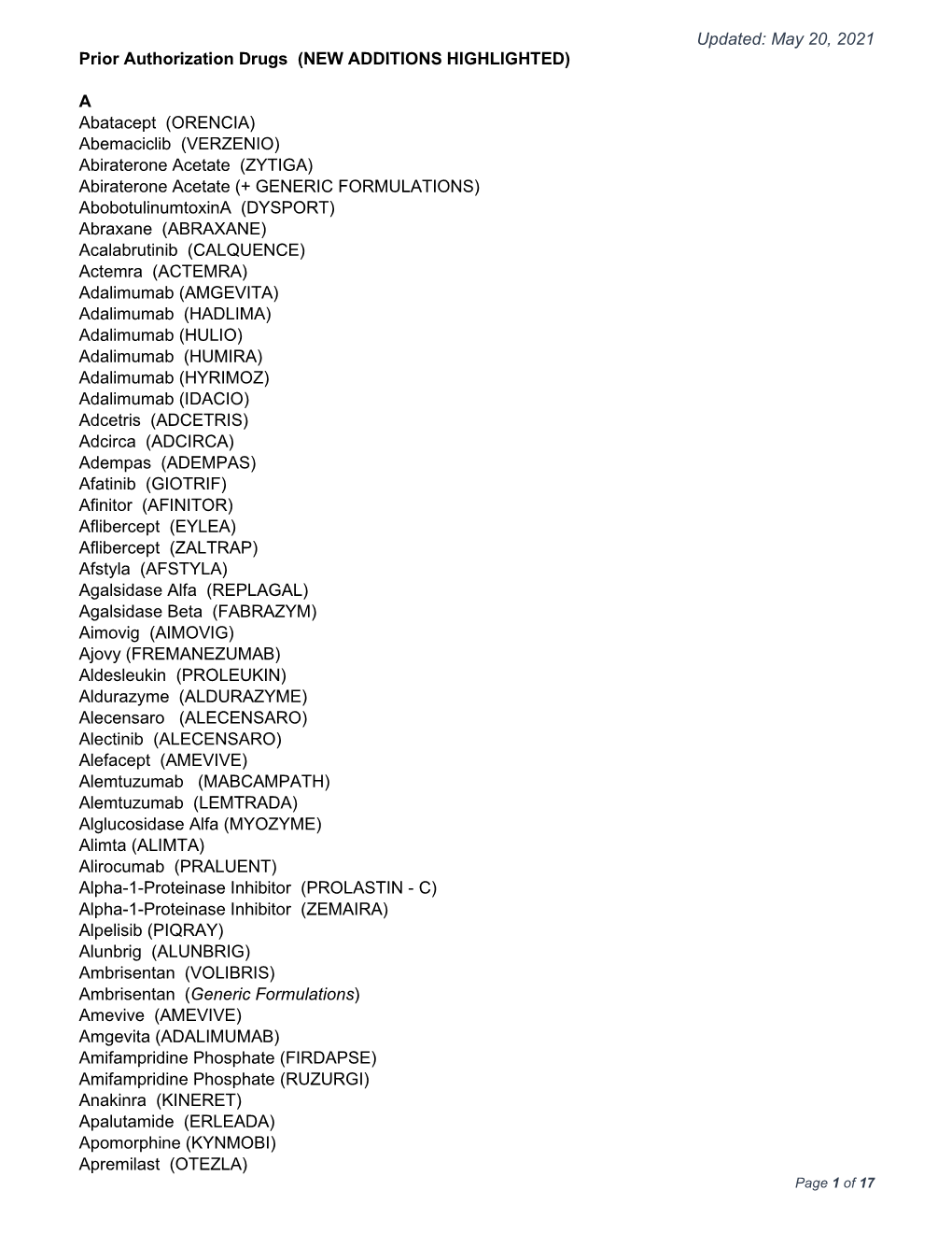 Updated: May 20, 2021 Prior Authorization Drugs (NEW ADDITIONS HIGHLIGHTED)