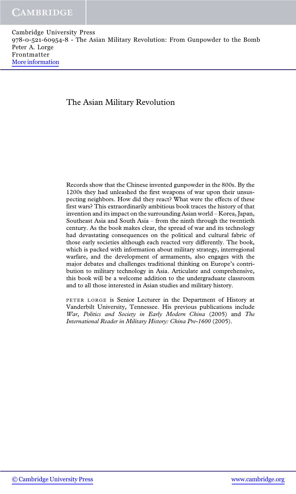 The Asian Military Revolution: from Gunpowder to the Bomb Peter A