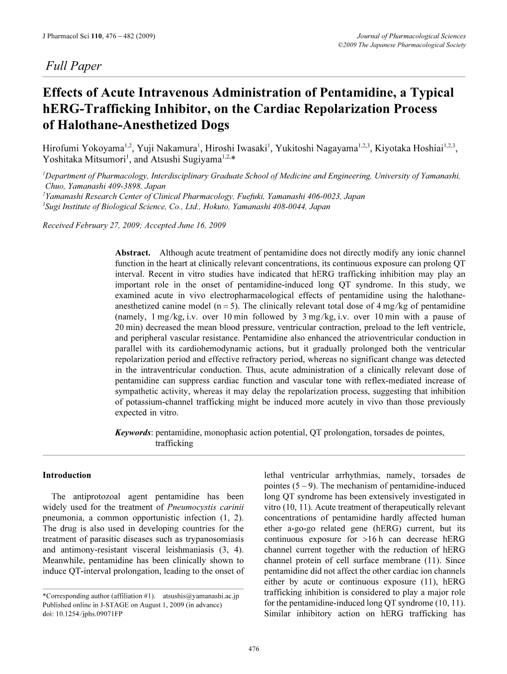 Effects of Acute Intravenous Administration of Pentamidine, a Typical Herg-Trafficking Inhibitor, on the Cardiac Repolarization Process of Halothane-Anesthetized Dogs