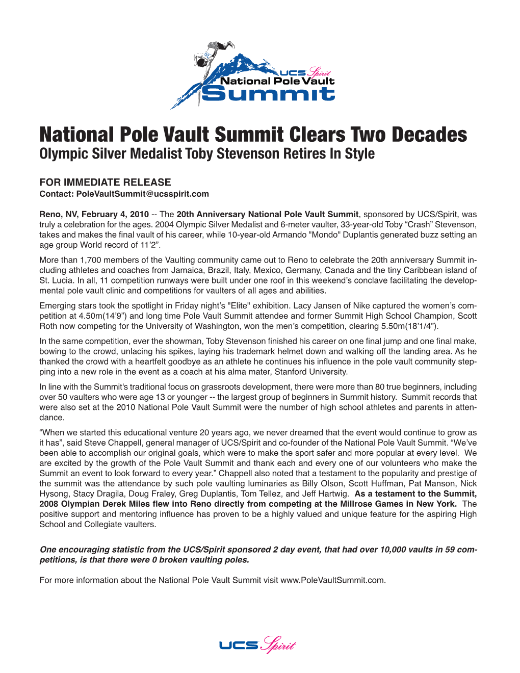 National Pole Vault Summit Clears Two Decades Olympic Silver Medalist Toby Stevenson Retires in Style