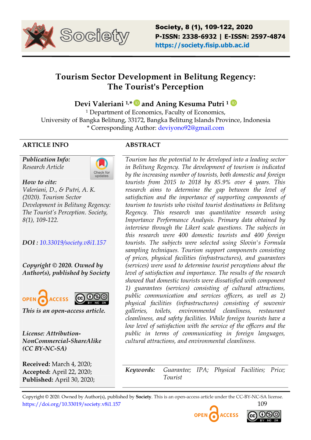 Tourism Sector Development in Belitung Regency: the Tourist's Perception