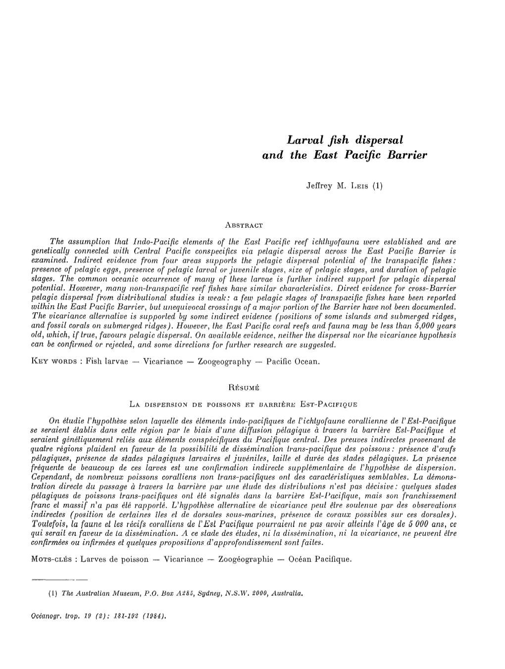 Larval Fish Dispersal and the East Pacific Barrier