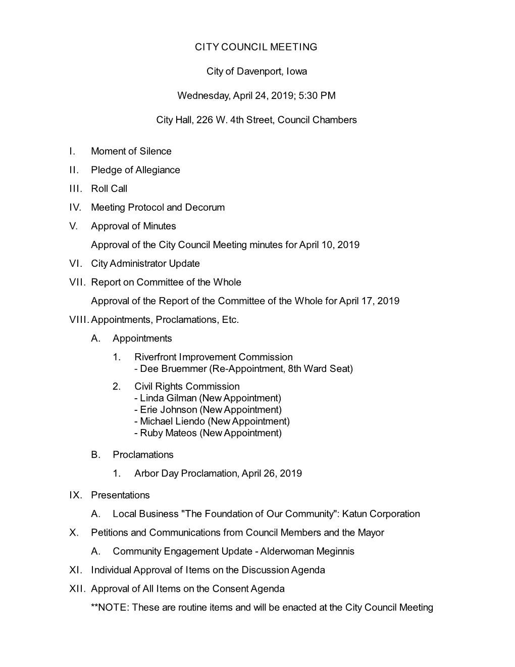 CITY COUNCIL MEETING City of Davenport, Iowa Wednesday, April