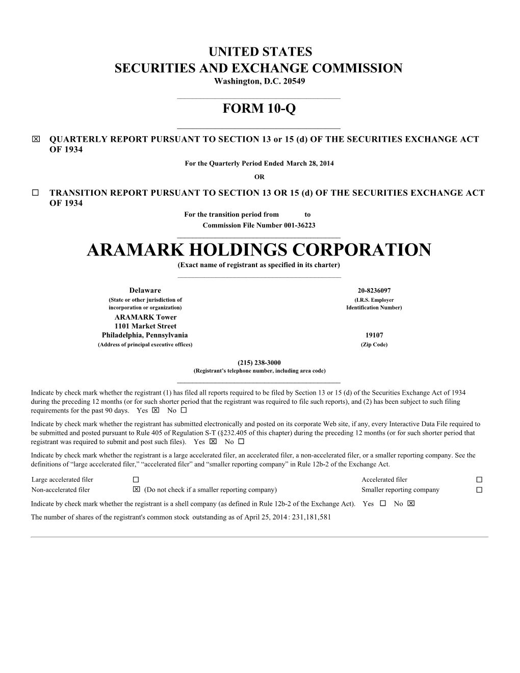 ARAMARK HOLDINGS CORPORATION (Exact Name of Registrant As Specified in Its Charter) ______