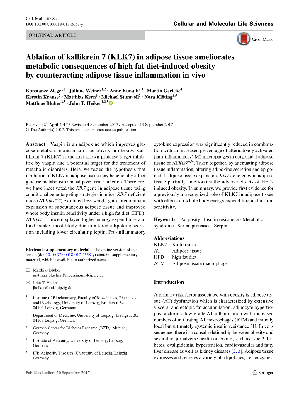 Ablation of Kallikrein 7 (KLK7) in Adipose Tissue Ameliorates