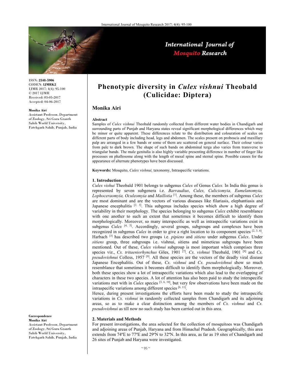 Phenotypic Diversity in Culex Vishnui Theobald (Culicidae: Diptera)