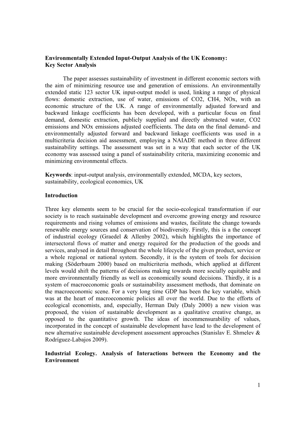 1 Environmentally Extended Input-Output Analysis of The