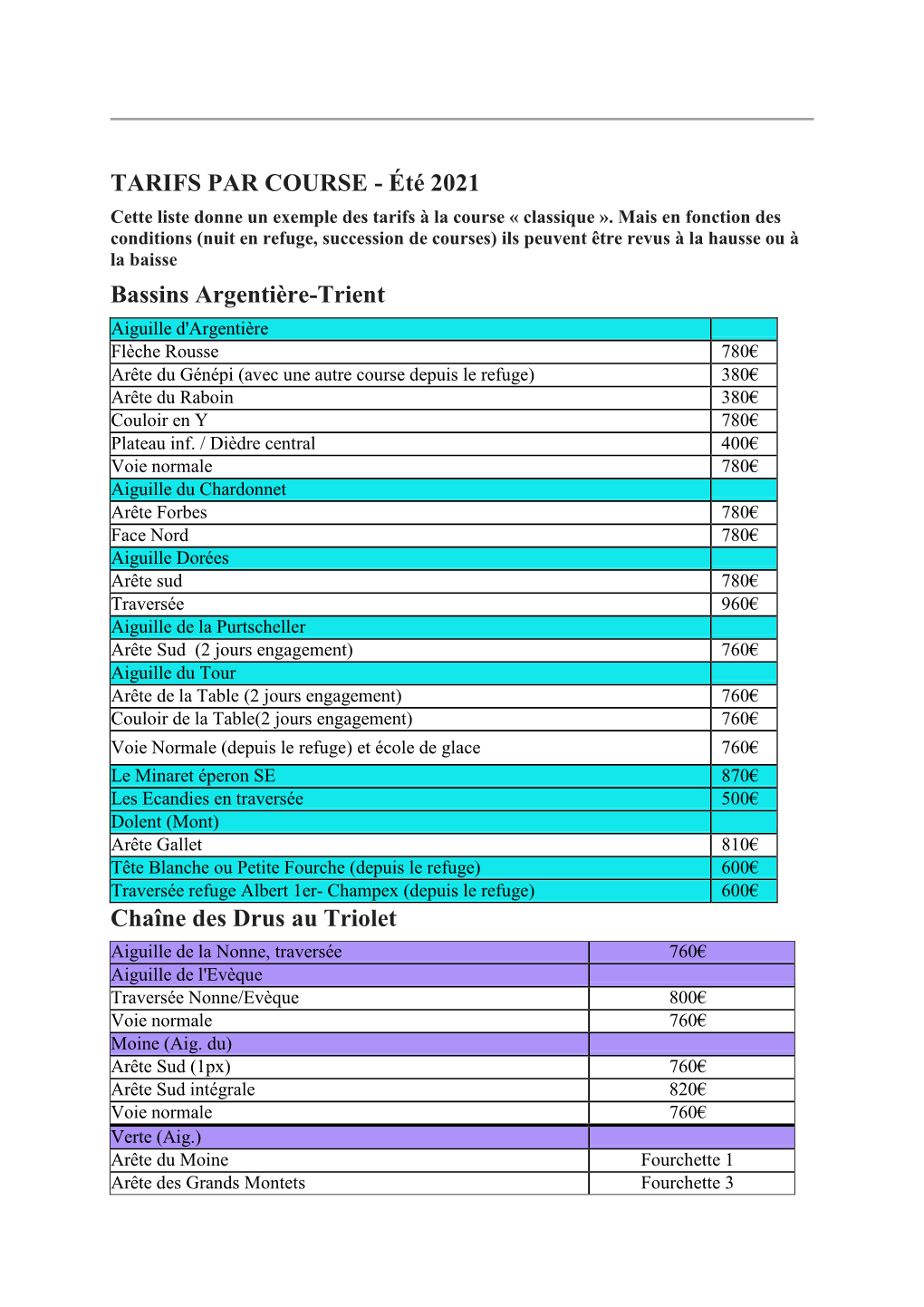TARIFS PAR COURSE - Été 2021 Cette Liste Donne Un Exemple Des Tarifs À La Course « Classique »