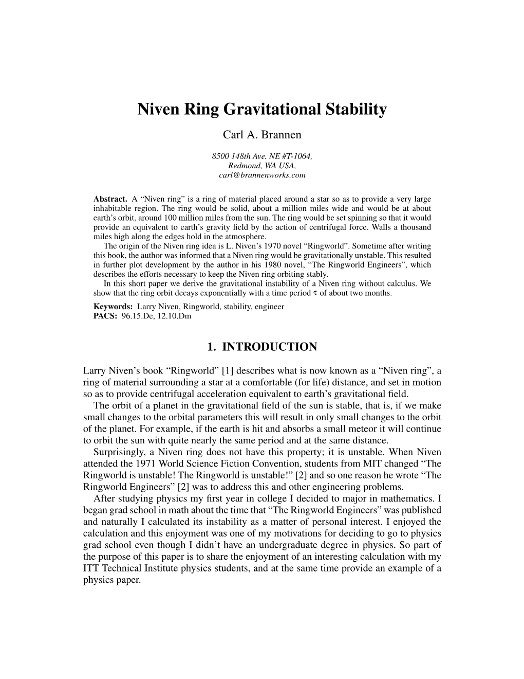 Niven Ring Gravitational Stability Carl A