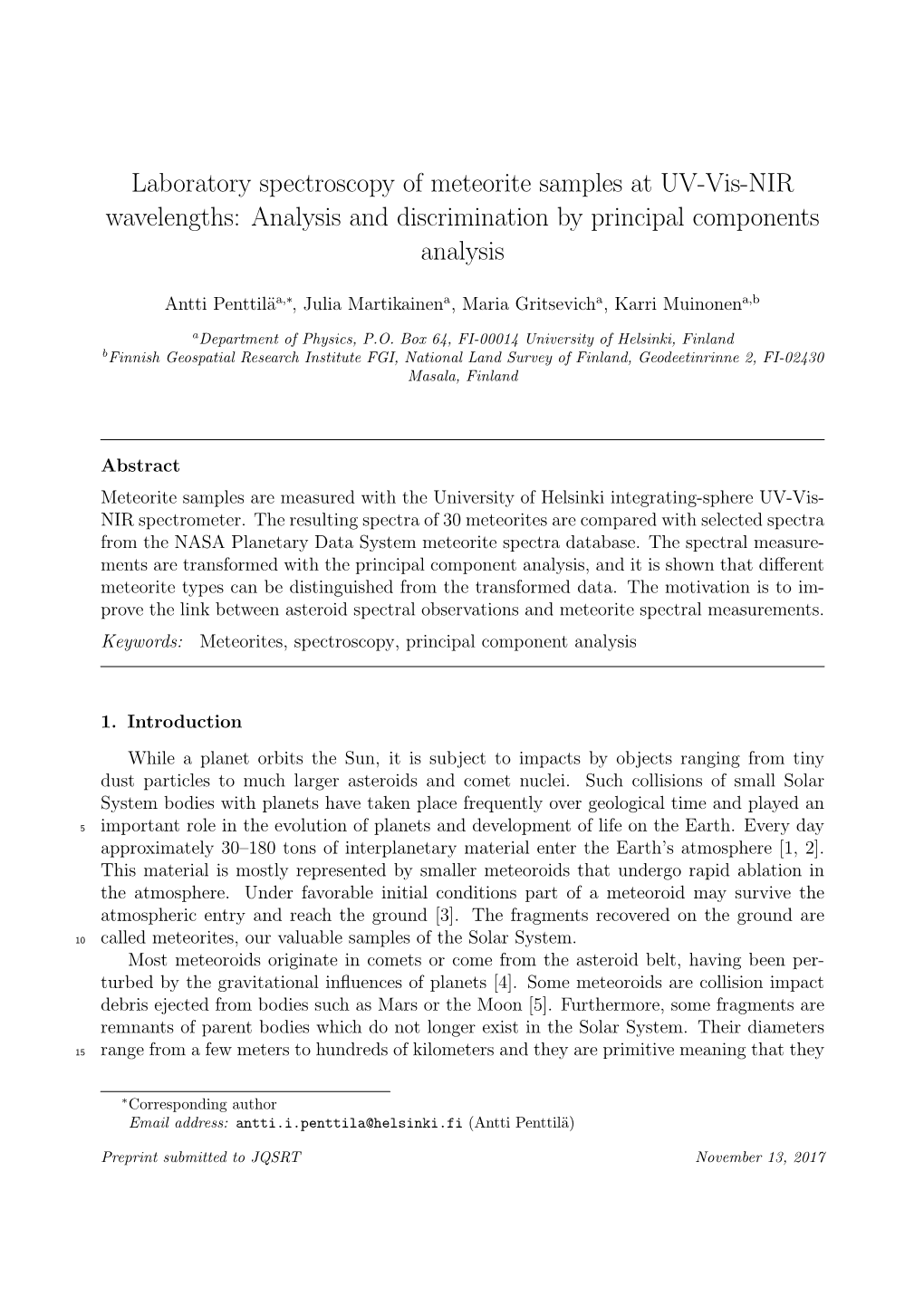 Laboratory Spectroscopy of Meteorite Samples at UV-Vis-NIR Wavelengths: Analysis and Discrimination by Principal Components Analysis