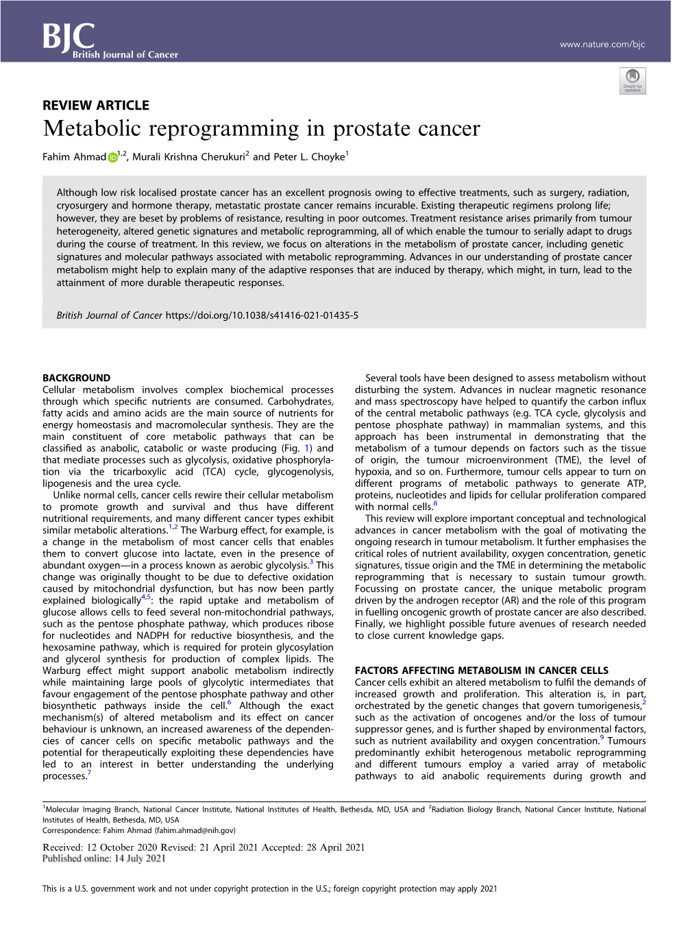 Metabolic Reprogramming in Prostate Cancer