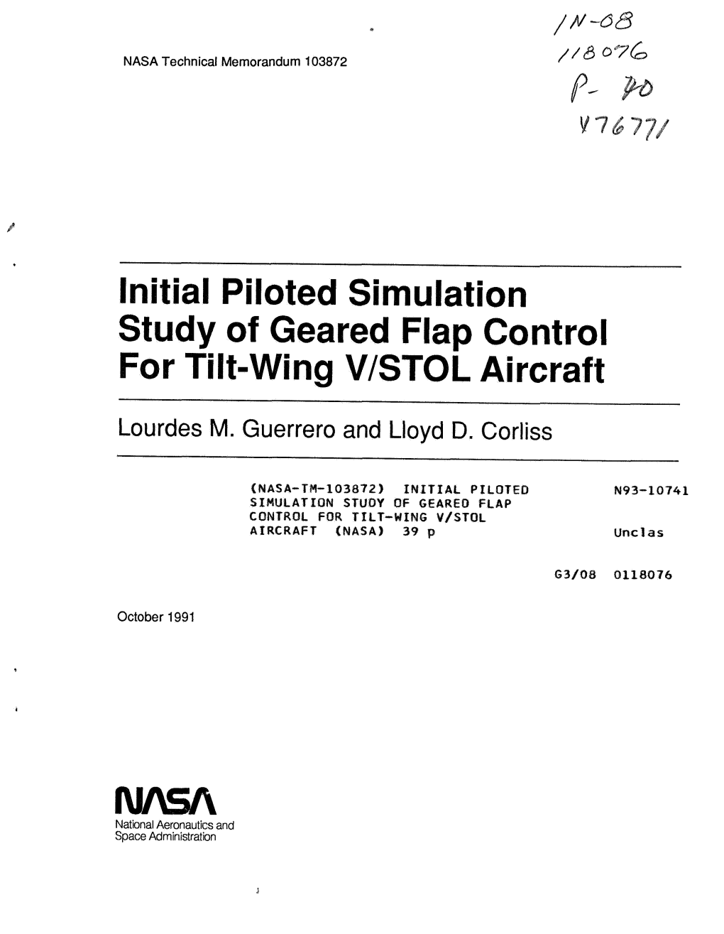 Initial Piloted Simulation Study of Geared Flap R Tilt-Wing V/STOL