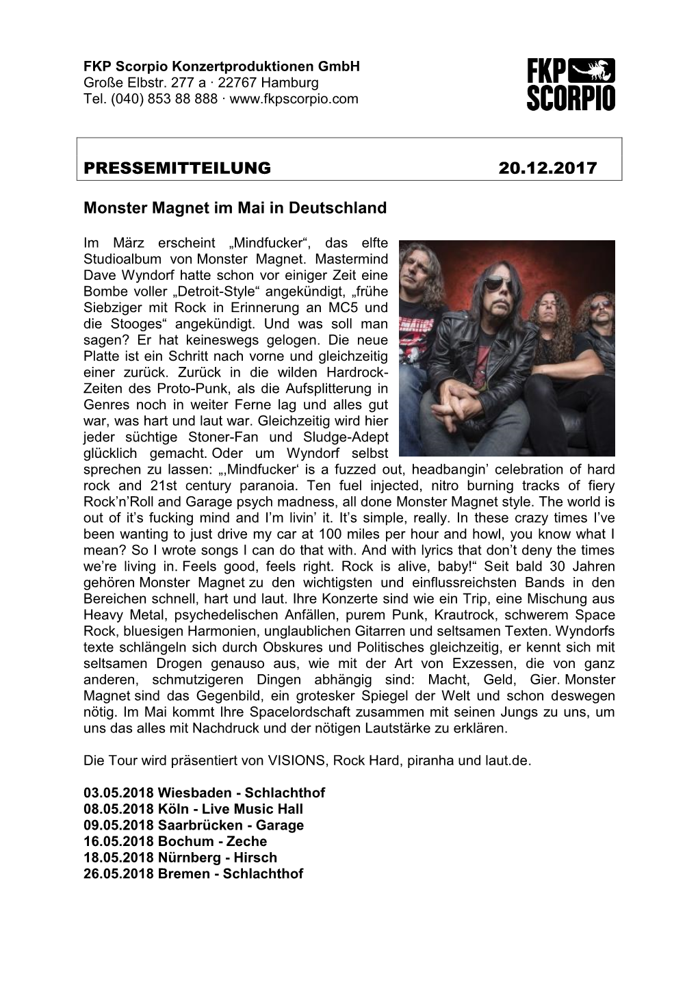 PRESSEMITTEILUNG 20.12.2017 Monster Magnet Im Mai In