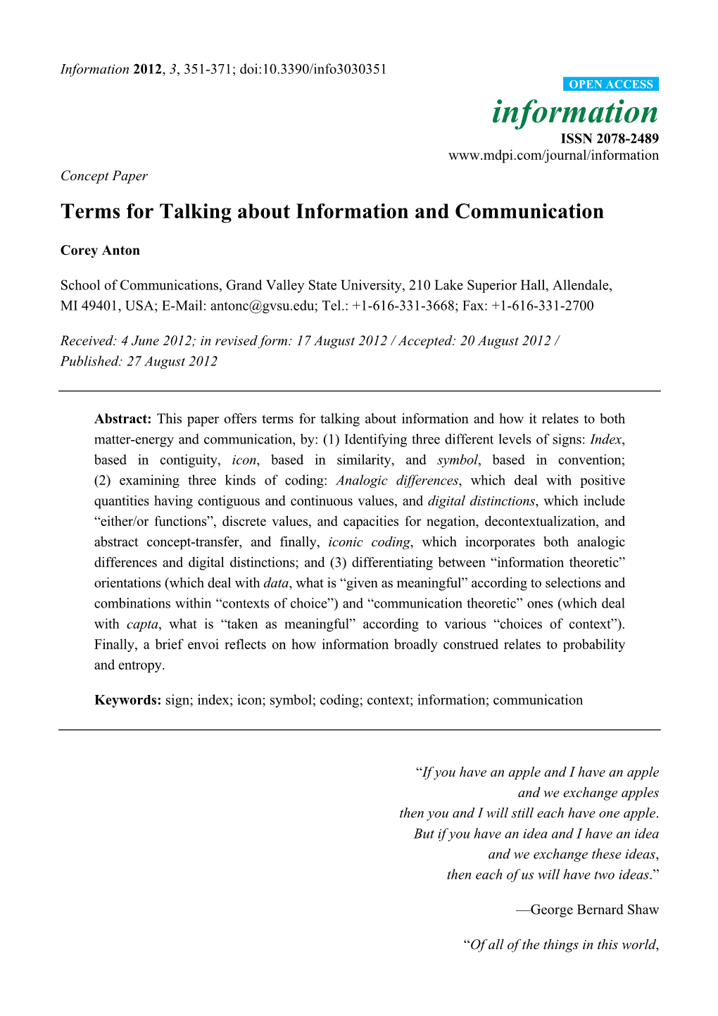 Terms for Talking About Information and Communication