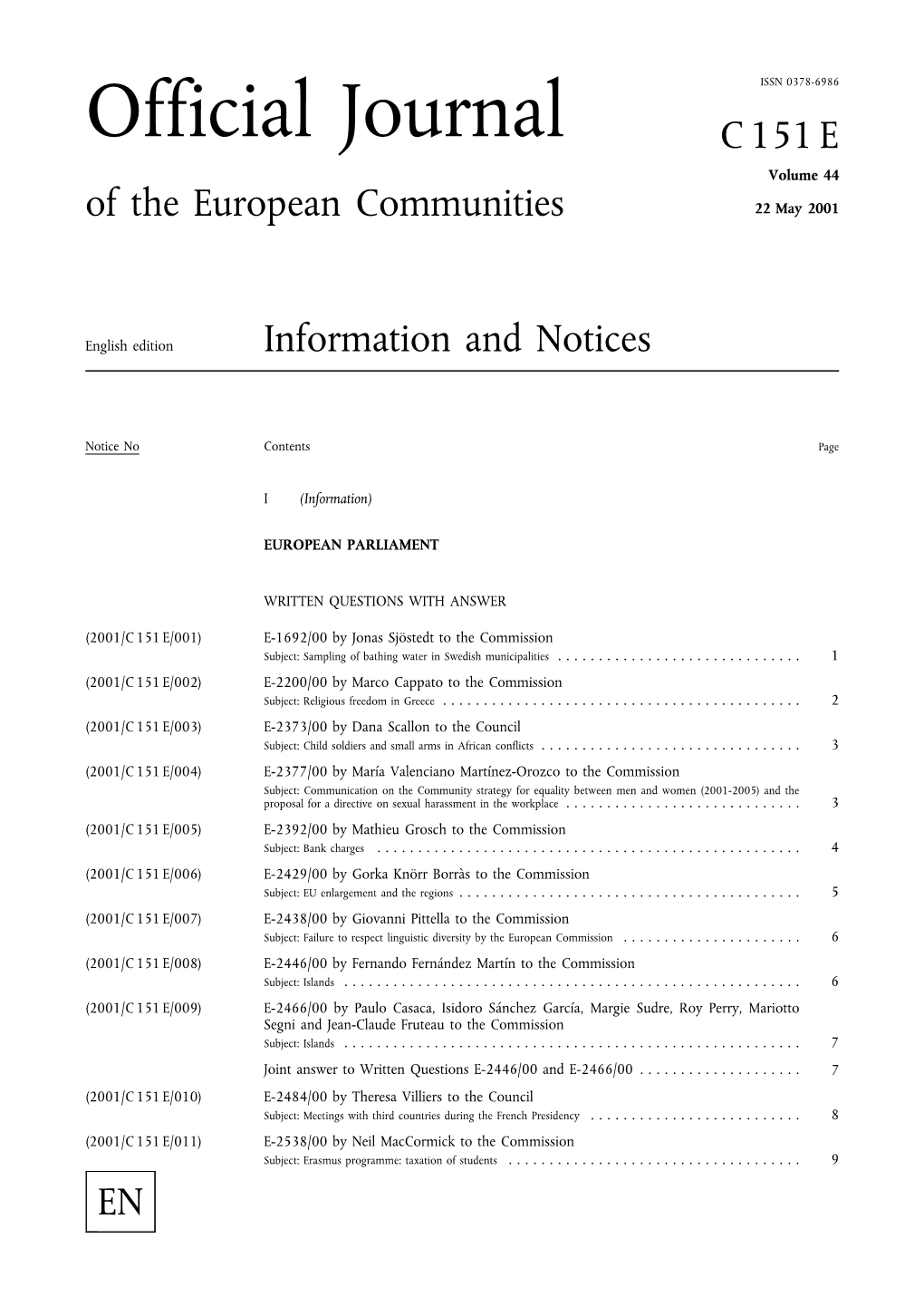 Official Journal C 151 E Volume 44 of the European Communities 22 May 2001