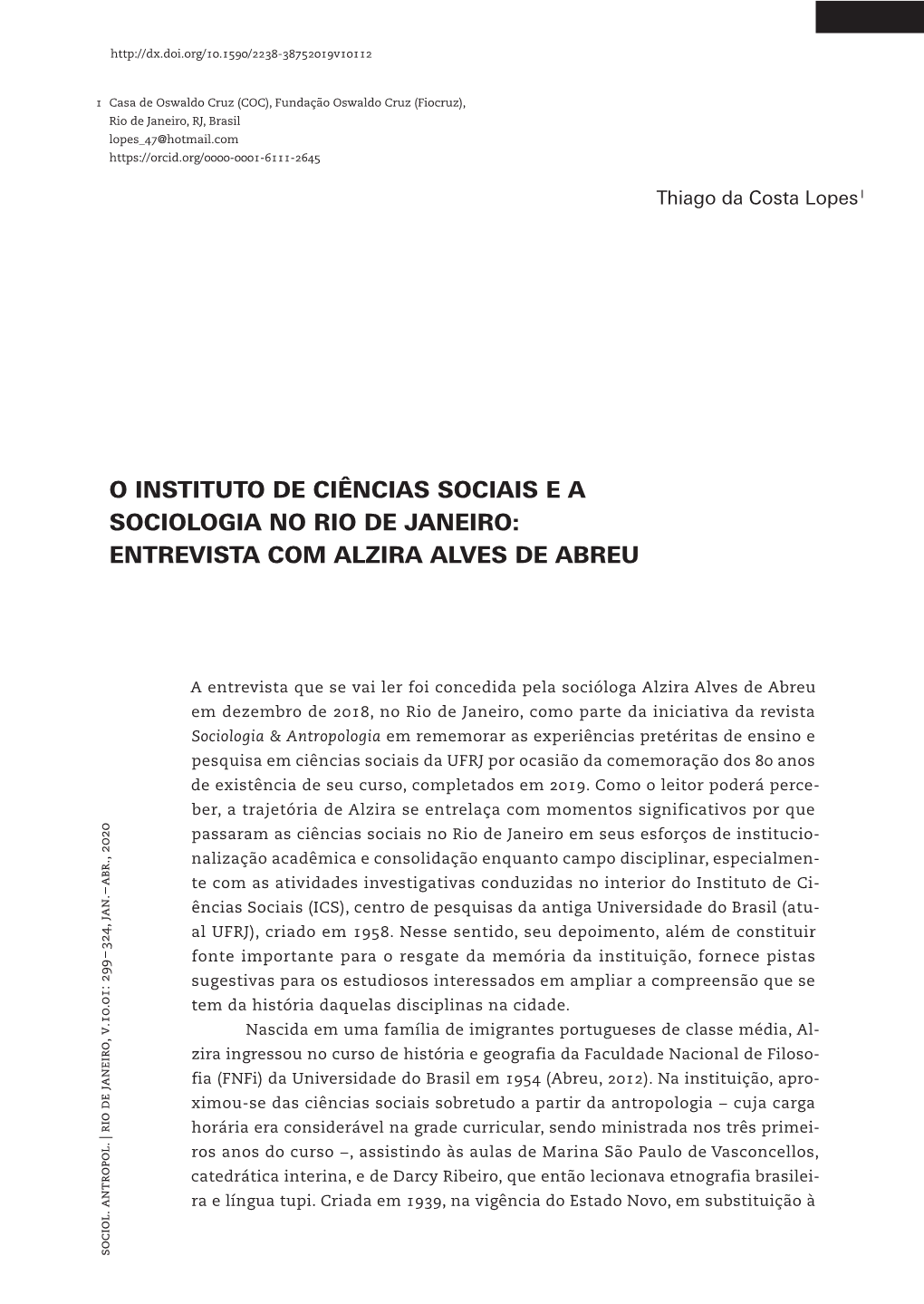 O Instituto De Ciências Sociais E a Sociologia No Rio De Janeiro