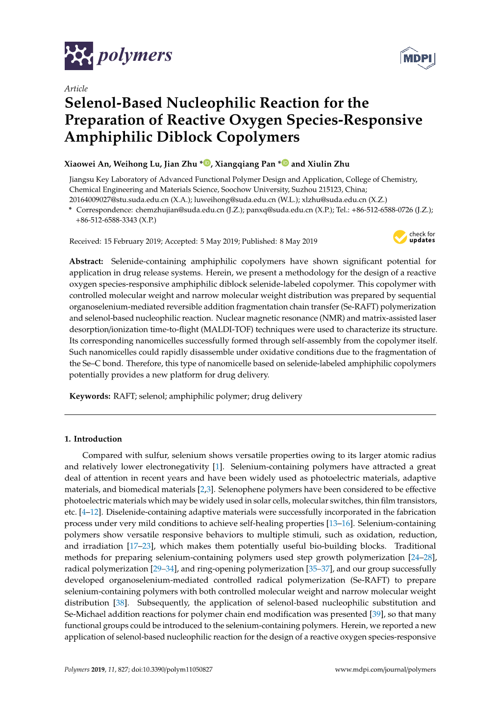 Selenol-Based Nucleophilic Reaction for the Preparation of Reactive Oxygen Species-Responsive Amphiphilic Diblock Copolymers