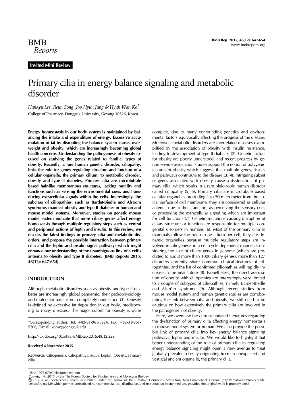 Primary Cilia in Energy Balance Signaling and Metabolic Disorder