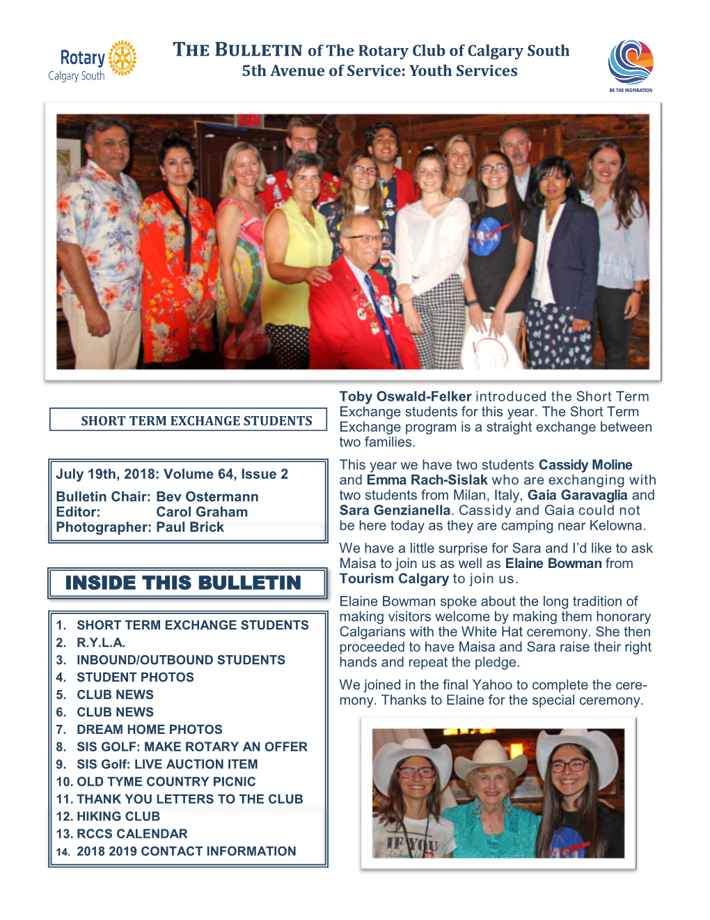 The Bulletin of the Rotary Club of Calgary South 5Th Avenue of Service: Youth Services