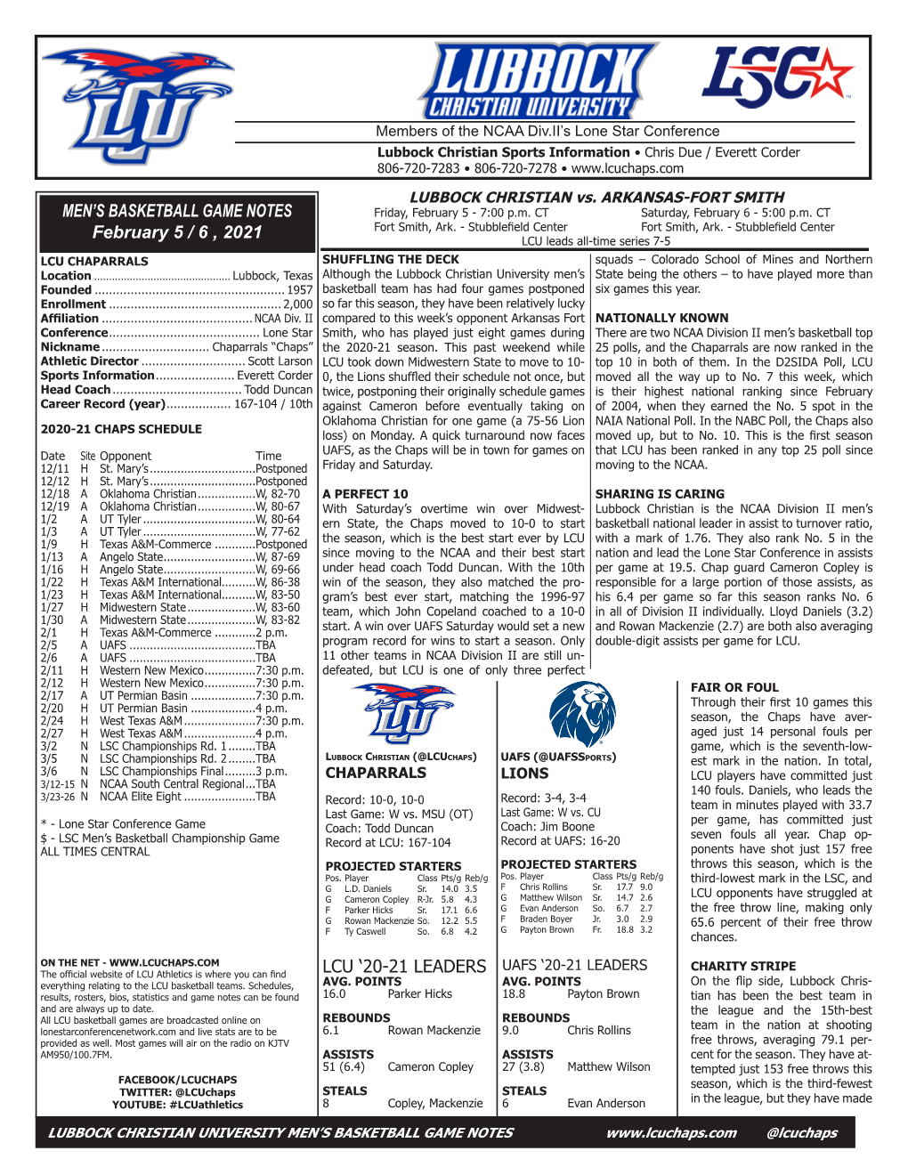 MEN's BASKETBALL GAME NOTES February 5 / 6 , 2021 LCU '20-21