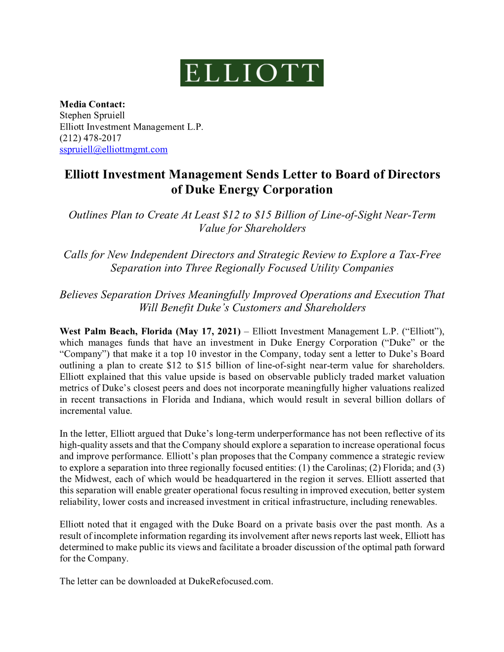 Elliott Investment Management Sends Letter to Board of Directors of Duke Energy Corporation