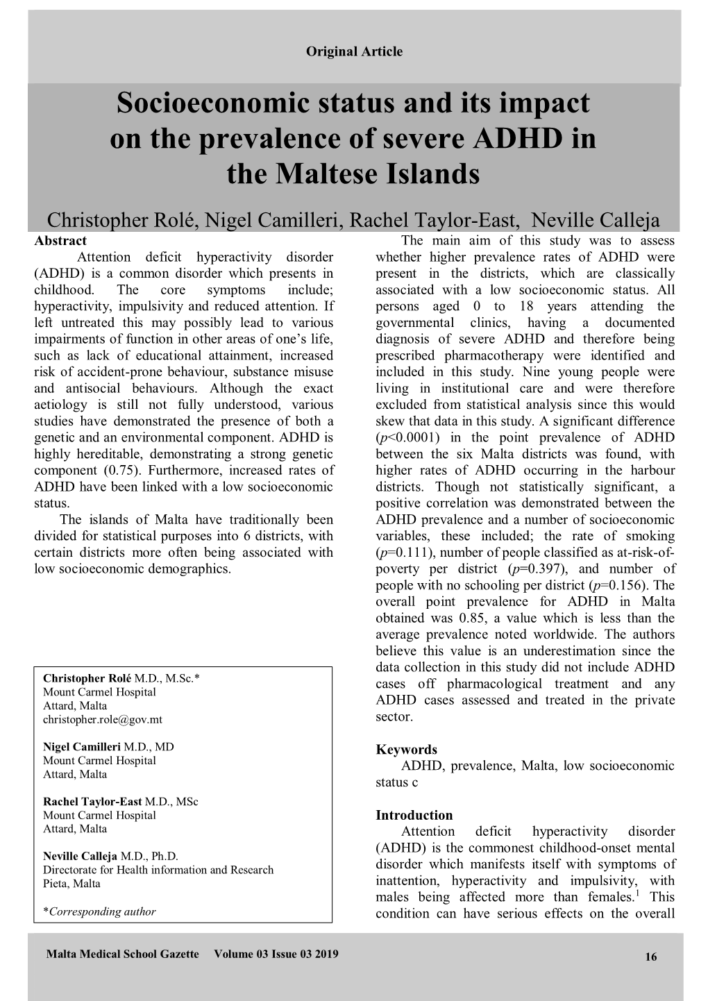 Socioeconomic Status and Its Impact on the Prevalence of Severe ADHD in the Maltese Islands