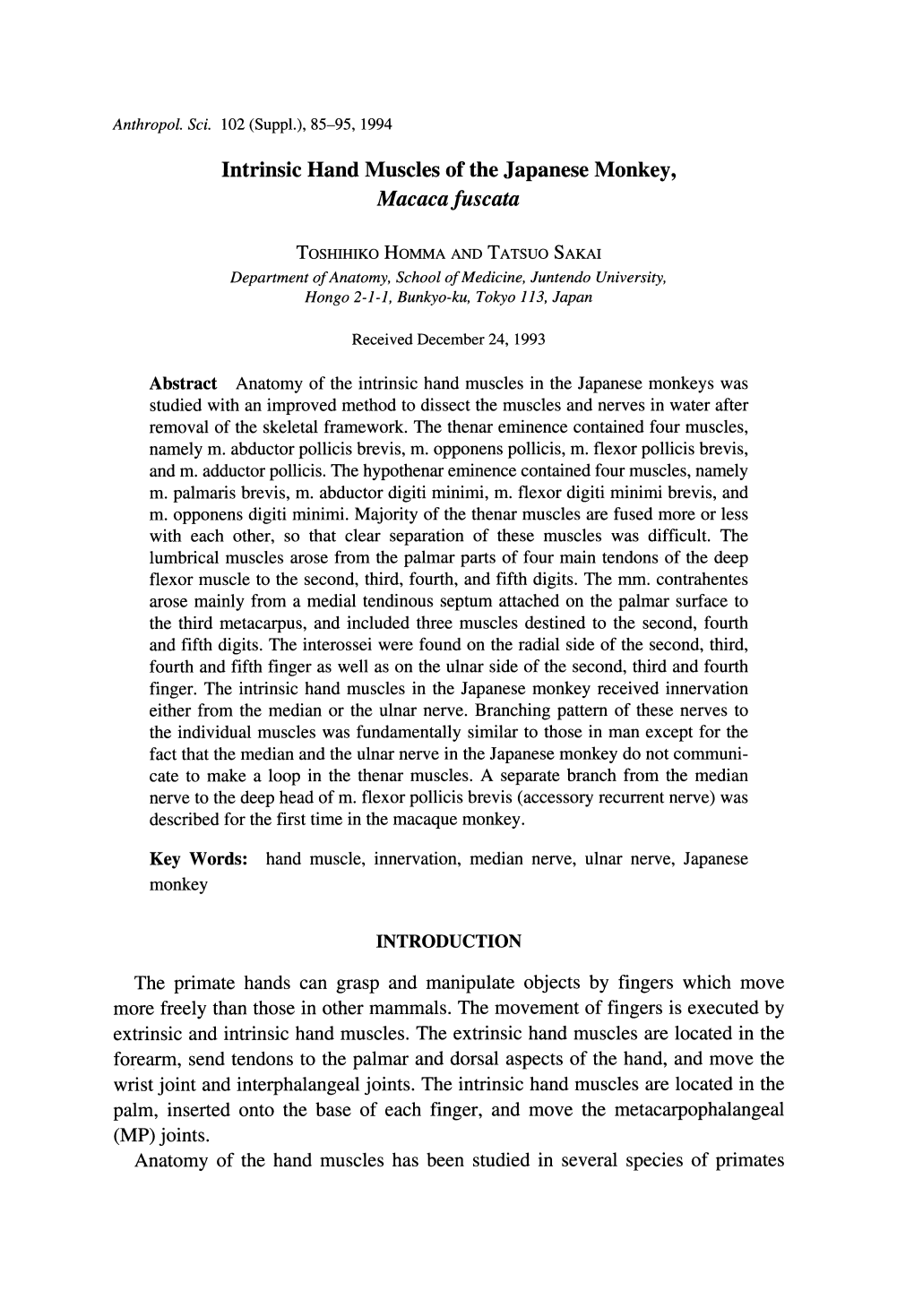 Intrinsic Hand Muscles of the Japanese Monkey, Macaca Fuscata