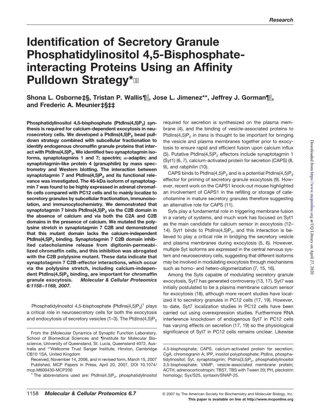 Identification of Secretory Granule Phosphatidylinositol 4,5-Bisphosphate- Interacting Proteins Using an Affinity Pulldown Strategy*□S
