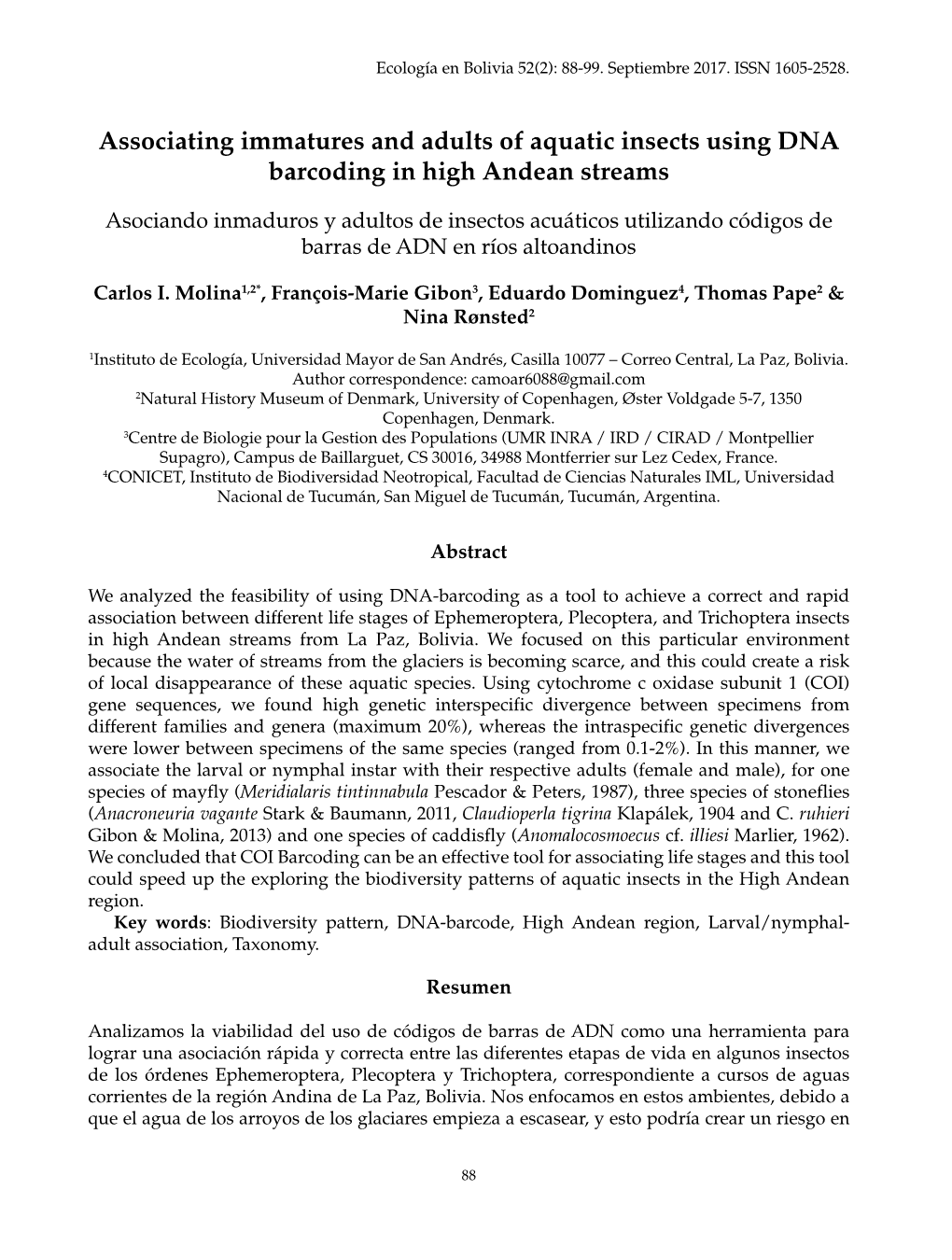 Associating Immatures and Adults of Aquatic Insects Using DNA Barcoding in High Andean Streams