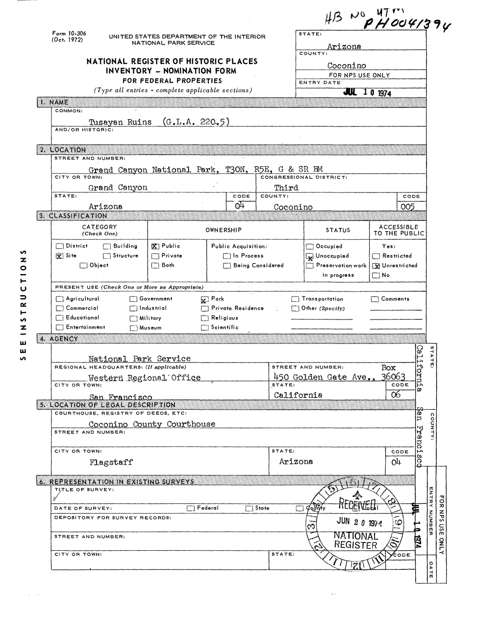 ""65CODE COUNTY: M Arizona Coconino 003 CATEGORY ACCESSIBLE OWNERSHIP STATUS (Check One) to the PUBLIC