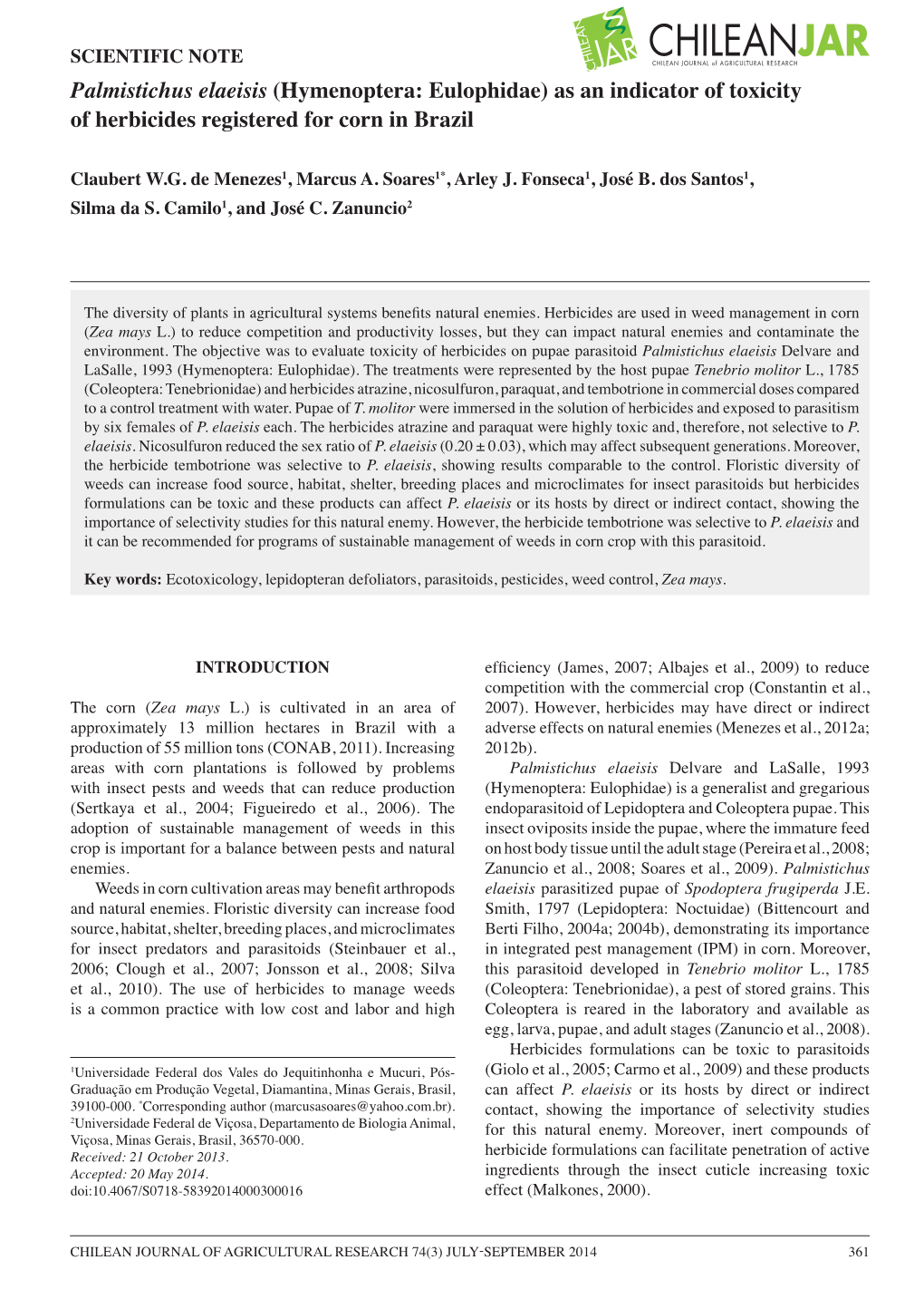 Palmistichus Elaeisis (Hymenoptera: Eulophidae) As an Indicator of Toxicity of Herbicides Registered for Corn in Brazil