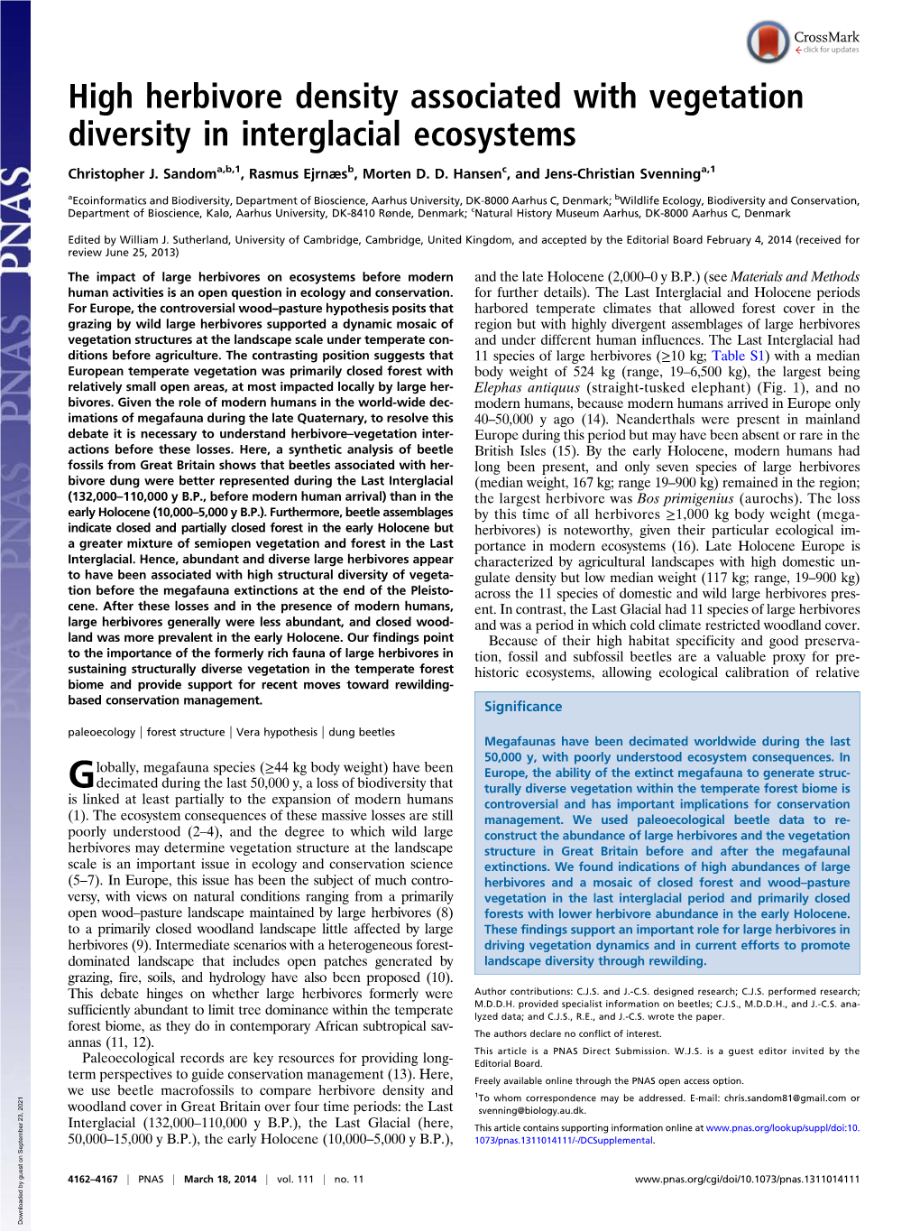 High Herbivore Density Associated with Vegetation Diversity in Interglacial Ecosystems