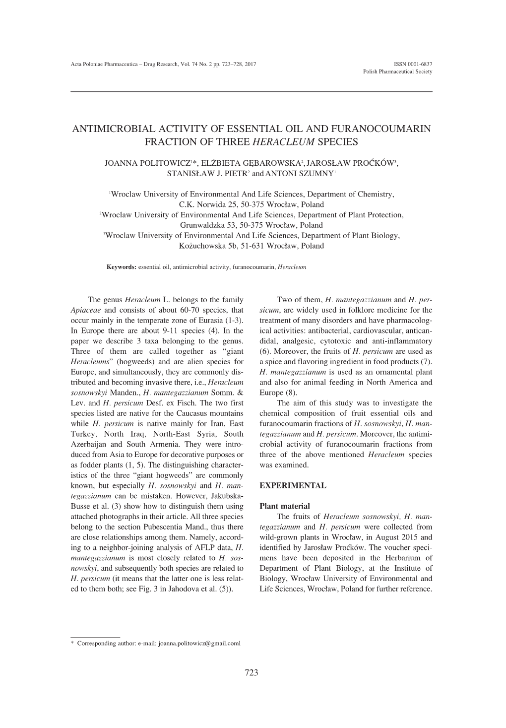 Antimicrobial Activity of Essential Oil and Furanocoumarin Fraction of Three Heracleum Species