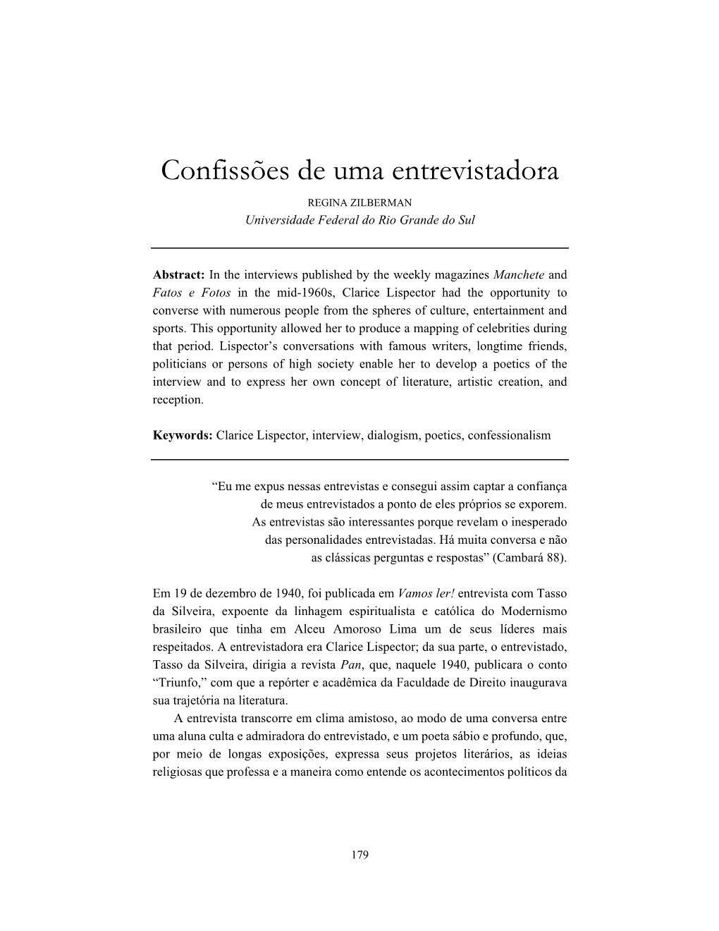 Confissões De Uma Entrevistadora REGINA ZILBERMAN Universidade Federal Do Rio Grande Do Sul
