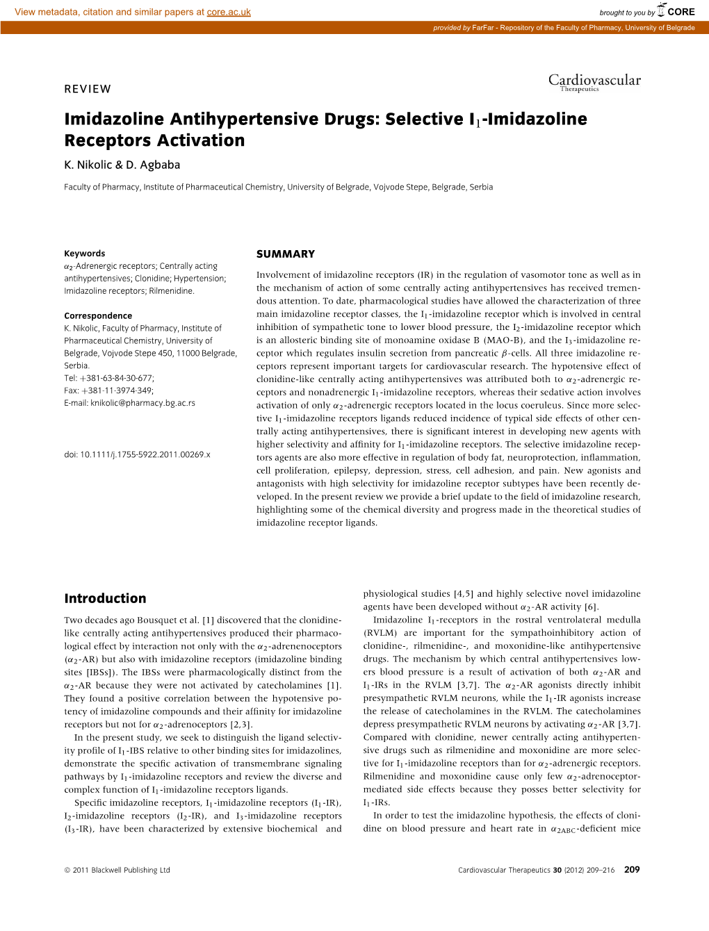 Imidazoline Antihypertensive Drugs: Selective I1-Imidazoline Receptors Activation K