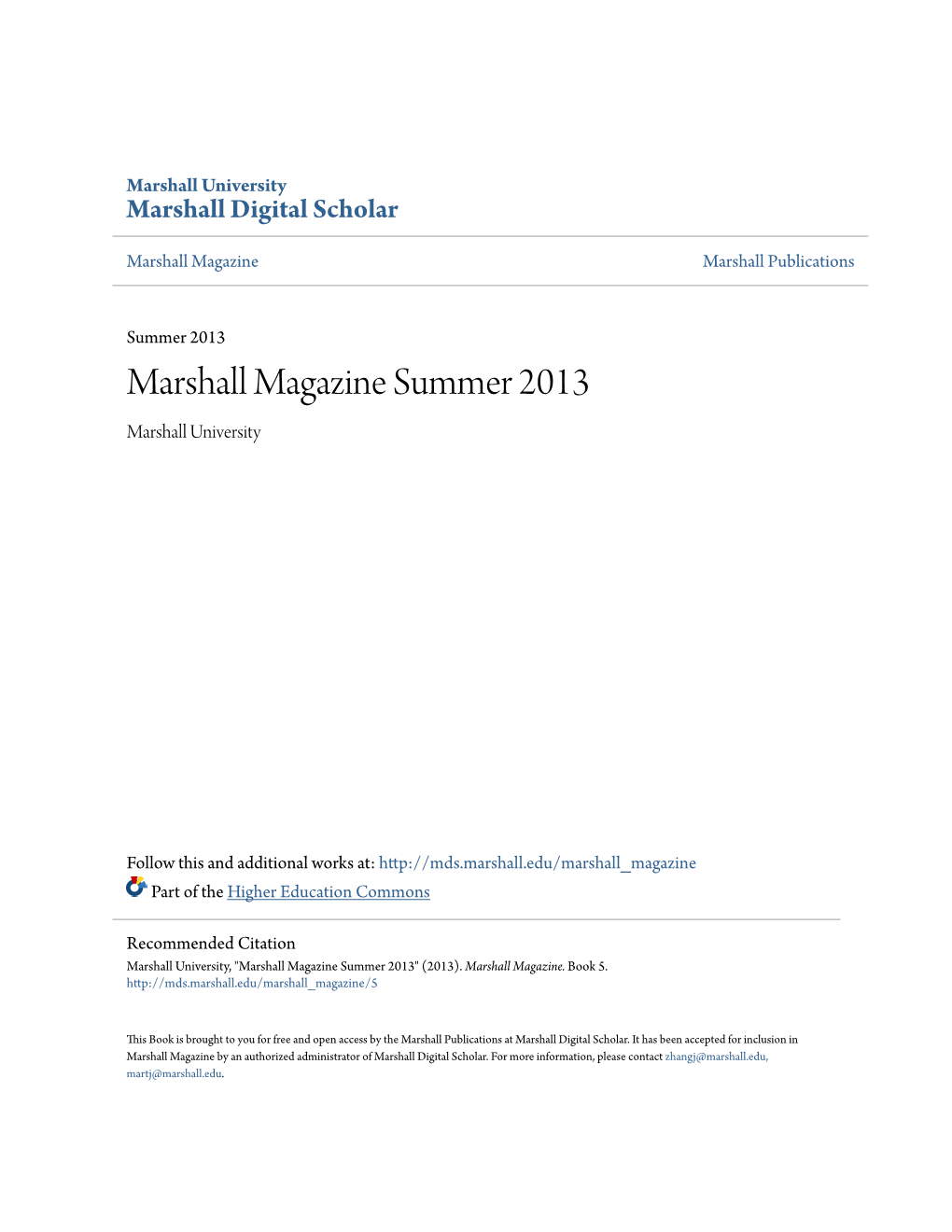 Marshall Magazine Summer 2013 Marshall University
