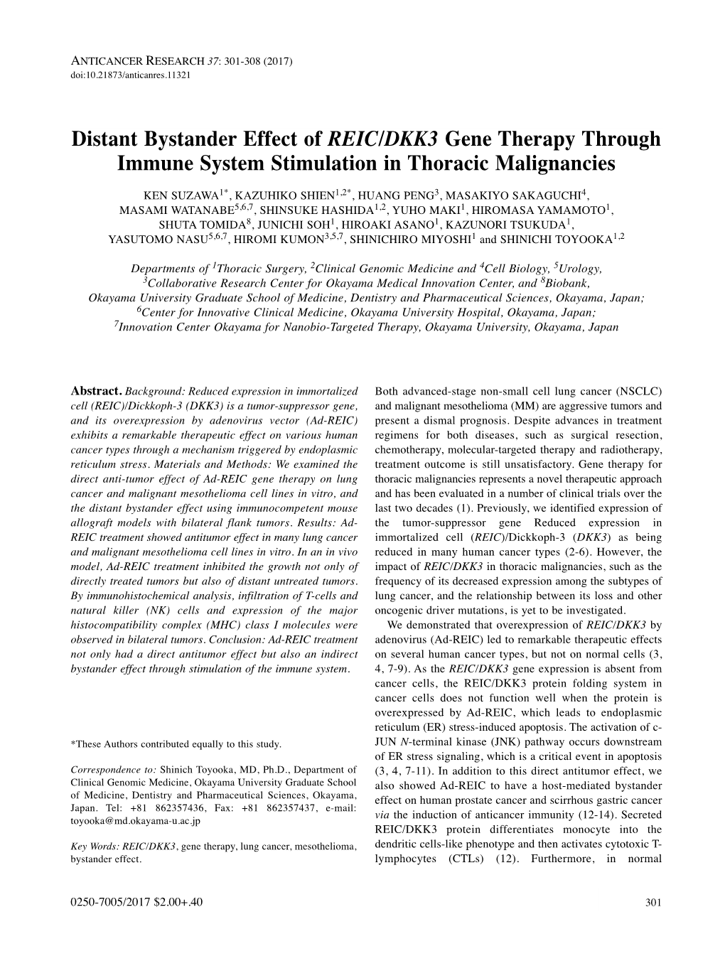Distant Bystander Effect of REIC/DKK3 Gene Therapy Through Immune System Stimulation in Thoracic Malignancies