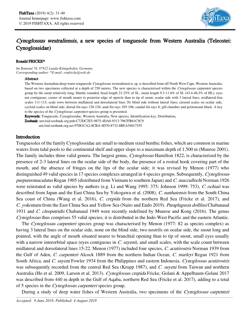 Cynoglossus Westraliensis, a New Species of Tonguesole from Western Australia (Teleostei: Cynoglossidae)