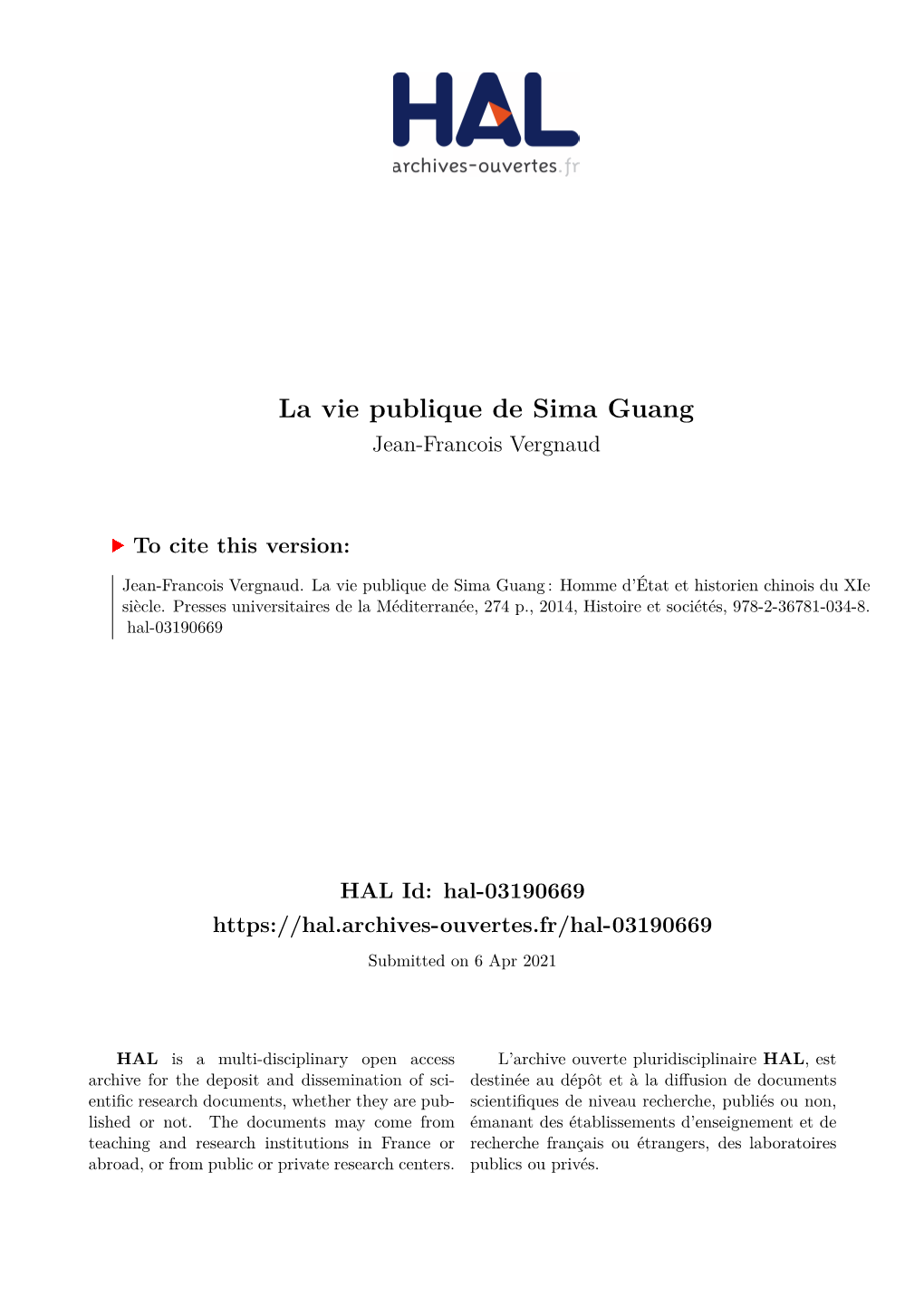 La Vie Publique De Sima Guang Jean-Francois Vergnaud